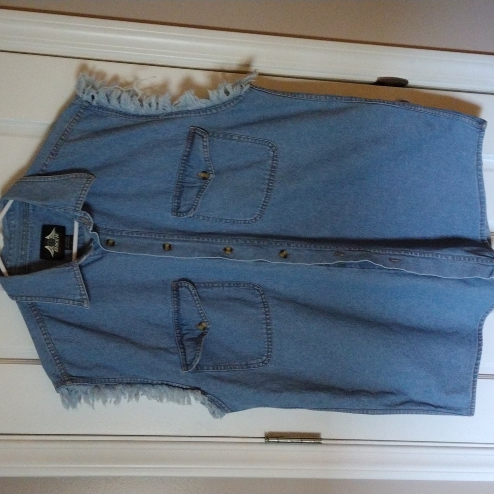 Biker Design jean sleeveless button down.